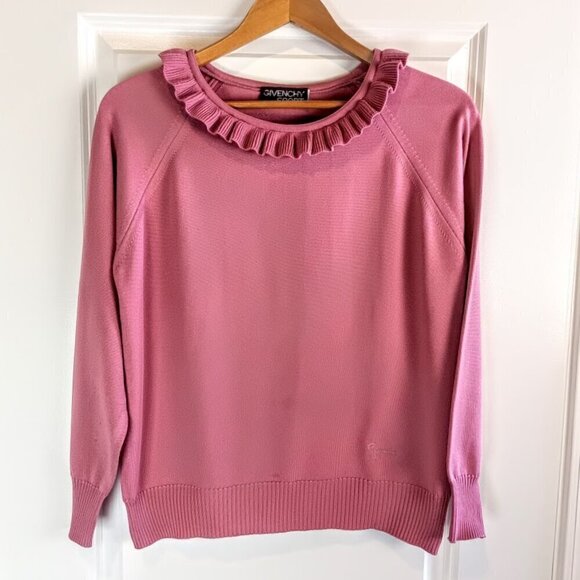 Vintage Givenchy Sport Mauve Pink Ruffle Collar Knit Sweater - Picture 1 of 5